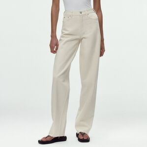 Zara Mid Rise Tapered Fit Balloon Jeans Denim Raw Hem Classic Ecru White Size 4